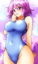 Rule 34 | 1girl, absurdres, bare shoulders, blush, breasts, competition swimsuit, covered navel, curvy, d-m (dii emu), highres, hitodama, medium breasts, one-piece swimsuit, open mouth, pink background, pink eyes, pink hair, saigyouji yuyuko, short hair, solo, standing, surprised, swimsuit, touhou, wavy hair, wide hips