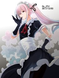 Rule 34 | 1girl, adapted costume, alternate costume, apron, black dress, black gloves, black ribbon, dated, doushi tatsu to dekkai no, dress, elbow gloves, enmaided, floral background, gloves, gradient background, hair ribbon, hand on own hip, hand up, harusame (kancolle), highres, kantai collection, long hair, looking at viewer, maid, maid headdress, neckerchief, pink hair, red eyes, ribbon, side ponytail, solo, twitter username, very long hair