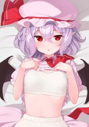 Rule 34 | 1girl, ascot, bat wings, bed, bloomers, blush, bra, breasts, clothes lift, collared shirt, commentary request, eyes visible through hair, hair between eyes, hands up, hat, hat ribbon, highres, kanpa (campagne 9), lifted by self, light purple hair, looking at viewer, looking up, lying, midriff, mob cap, necktie, on back, open mouth, parted lips, pink hat, pink shirt, pink skirt, pointy ears, puffy short sleeves, puffy sleeves, purple hair, red ascot, red eyes, red necktie, red ribbon, remilia scarlet, ribbon, shadow, shirt, shirt lift, short hair, short sleeves, sidelocks, skirt, skirt set, small breasts, solo, sports bra, stomach, tank top, touhou, underwear, unworn skirt, white bra, wings