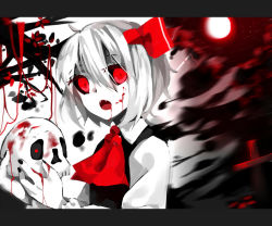 Rule 34 | 1girl, bad id, bad pixiv id, blood, dark, darkness, fangs, hair ornament, hair ribbon, long sleeves, looking at viewer, monochrome, moon, open mouth, puffy sleeves, red eyes, red medicine, ribbon, rumia, short hair, skull, solo, touhou