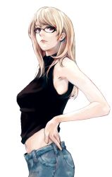 Rule 34 | 1girl, armpits, blonde hair, denim, glasses, hand on own hip, hip focus, jeans, lips, long hair, lowres, midriff, opiu, original, pants, red eyes, sleeveless, solo, sweater, transparent background