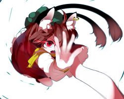 Rule 34 | 1girl, ahoge, animal ears, brown hair, cat ears, cat tail, chen, earrings, hat, highres, ikurauni, jewelry, long sleeves, mob cap, motion blur, multiple tails, one eye covered, palms, red eyes, red skirt, red vest, ribbon, shirt, short hair, simple background, skirt, solo, tail, touhou, vest, white background, white shirt, yellow ribbon