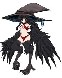 Rule 34 | 1girl, absurdres, animal ears, bare shoulders, bikini, bird ears, bird legs, black feathers, black wings, blue eyes, borrowed character, breasts, commentary request, commission, facial mark, feathers, harpy, hat belt, hat ornament, highres, large hat, long hair, looking at viewer, midriff, monster girl, navel, olsa (oftintys), original, pixiv commission, red bikini, scar, scar across eye, sling bikini top, small breasts, smile, solo, swimsuit, talons, transparent background, winged arms, wings