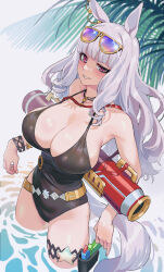 Rule 34 | 1girl, absurdres, animal ears, bare shoulders, beach, belt, black one-piece swimsuit, blunt bangs, breasts, casual one-piece swimsuit, cleavage, day, eyewear on head, gold ship (run revolt launcher) (umamusume), gold ship (umamusume), grey hair, gun, hair ornament, handgun, highres, holding, holding water gun, holster, holstered, horse ears, horse girl, horse tail, large breasts, long hair, looking at viewer, official alternate costume, one-piece swimsuit, outdoors, purple-tinted eyewear, purple eyes, sarcophage, smile, solo, sunglasses, swimsuit, tail, thigh holster, thighs, tinted eyewear, umamusume, very long hair, wading, water, water gun, weapon, white hair, yellow-framed eyewear