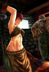 Rule 34 | 1boy, 1girl, abazu-red, abs, apron, arm up, armpits, bandeau, blacksmith, blue eyes, gloves, green skirt, hammer, highres, indoors, lips, looking away, looking down, midriff, muscular, navel, original, red hair, short hair, signature, skirt, stone wall, toned, tongs, waist apron, wall, window