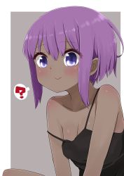 Rule 34 | 1girl, :&gt;, ?, bare shoulders, black dress, blush, breasts, cleavage, closed mouth, collarbone, dark-skinned female, dark skin, dress, fate/prototype, fate/prototype: fragments of blue and silver, fate (series), grey background, hair between eyes, hassan of serenity (fate), highres, i.u.y, looking at viewer, purple eyes, purple hair, sleeveless, sleeveless dress, small breasts, solo, spoken question mark, strap slip, two-tone background, white background