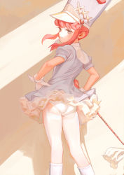 Rule 34 | 1girl, ankle socks, ass, commentary, dress, fkey, gloves, hands on own hips, hat, highres, jakuzure nonon, kill la kill, looking at another, looking at viewer, marching band baton, panties, pantyhose, pantyshot, pink eyes, pink hair, shadow, sidelocks, simple background, smirk, socks, solo, underwear, white panties, white socks