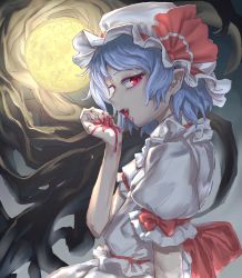Rule 34 | 1girl, absurdres, bat wings, black wings, blood, blue hair, bow, collared shirt, commentary request, fang, frilled shirt collar, frills, full moon, hakonnbo, hat, hat ribbon, highres, looking at viewer, looking to the side, mob cap, moon, open mouth, red bow, red eyes, red ribbon, remilia scarlet, ribbon, shirt, short hair, skirt, skirt set, sleeve bow, solo, touhou, upper body, vampire, white hat, white shirt, white skirt, wings