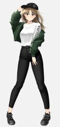 Rule 34 | 1girl, absurdres, baseball cap, belt, black hat, black pants, blush, breasts, brown eyes, brown hair, casual, closed mouth, green jacket, hand on headwear, hand on own thigh, hat, highres, jacket, large breasts, long sleeves, looking at viewer, medium hair, pants, renka (senran kagura), senran kagura, shirt, shirt tucked in, shoes, short twintails, smile, sneakers, tomoe (symbol), twintails, white shirt, zib (boriku)