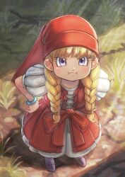 Rule 34 | 1girl, bangle, blonde hair, blush, bracelet, braid, dragon quest, dragon quest xi, dress, from above, grass, highres, jewelry, long hair, looking at viewer, outdoors, pout, purple eyes, red dress, red headwear, sabakan (sabasabakan0), shade, solo, sunlight, twin braids, veronica (dq11)