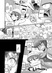 Rule 34 | 1girl, 2boys, ahoge, angry, breasts, child, cleavage, doujinshi, english text, gigantic breasts, greyscale, highres, matsumoto katsuya, mature female, monochrome, mother and son, multiple boys, one-piece swimsuit, pulling cheeks, scolding, scolding student, short hair, swimming, swimsuit, taller female