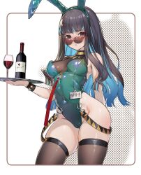 Rule 34 | 1girl, animal ears, armband, black hair, blue hair, bottle, breasts, cup, drinking glass, fake animal ears, fate/grand order, fate (series), glasses, highres, leotard, medium breasts, multicolored hair, playboy bunny, rabbit ears, solo, sunglasses, tagme, tenochtitlan (fate), tray, ura illust, wine bottle, wine glass