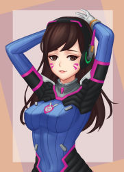 Rule 34 | 1girl, animal print, armor, arms up, blue bodysuit, bodysuit, boots, bracer, breasts, brown eyes, brown hair, covered erect nipples, covered navel, d.va (overwatch), facepaint, facial mark, gloves, headphones, highres, lips, long hair, looking at viewer, matching hair/eyes, medium breasts, overwatch, overwatch 1, p7 (pixiv9701781), parted lips, pauldrons, pilot suit, pink lips, rabbit print, ribbed bodysuit, shoulder armor, shoulder pads, skin tight, smile, solo, turtleneck, upper body, whisker markings, white gloves