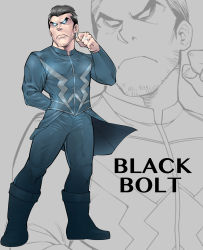 Rule 34 | 1boy, animification, beard, black bolt (marvel), blue eyes, bodysuit, boots, brown hair, character name, facial hair, glowing, glowing eyes, grey background, highres, jewelry, male focus, marvel, marvel cinematic universe, nakasone god, ring, solo