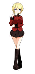 Rule 34 | 1girl, absurdres, black footwear, black skirt, blonde hair, blue eyes, boots, braid, closed mouth, commentary, cup, darjeeling (girls und panzer), epaulettes, full body, girls und panzer, highres, holding, holding cup, jacket, knee boots, long sleeves, looking at viewer, military uniform, miniskirt, pleated skirt, red jacket, shibainutank, short hair, simple background, skirt, smile, solo, st. gloriana&#039;s military uniform, standing, teacup, twin braids, uniform, white background