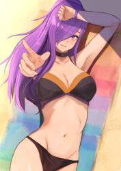 Rule 34 | 1girl, arm up, bikini, black bikini, black choker, breasts, choker, cleavage, collarbone, commentary, fire emblem, fire emblem: three houses, fire emblem heroes, fire emblem warriors: three hopes, groin, hair over one eye, highres, labebebe lee, long hair, lying, medium breasts, midriff, navel, nintendo, official alternate costume, on back, outstretched arm, purple eyes, purple hair, shez (female) (fire emblem), shez (female) (summer) (fire emblem), shez (fire emblem), solo, swimsuit