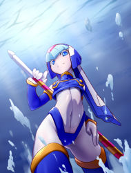 Rule 34 | 1girl, android, bingshan, blue eyes, breasts, bubble, covered navel, cowboy shot, foam, gloves, hand on own thigh, hand on thigh, head tilt, helmet, holding, fairy leviathan (mega man), looking at viewer, looking down, polearm, qq438237232, mega man (series), mega man zero (series), small breasts, solo, spear, thighhighs, underwater, weapon