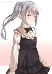 Rule 34 | 1girl, alternate costume, backlighting, bad id, bad pixiv id, black bow, black bowtie, black dress, blush, bow, bowtie, breasts, closed mouth, commentary request, dress, expressionless, frilled dress, frilled sleeves, frills, grey hair, juurouta, kantai collection, kasumi (kancolle), long hair, long sleeves, looking at viewer, small breasts, solo, standing, twitter username, white sleeves