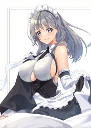 Rule 34 | 1girl, amaner, apron, azur lane, between breasts, black dress, black necktie, breasts, charybdis (azur lane), clothing cutout, dress, elbow gloves, gloves, grey eyes, grey hair, hand on own chest, highres, large breasts, long hair, looking at viewer, maid headdress, necktie, necktie between breasts, sideboob, simple background, skirt hold, solo, underboob cutout, white apron, white background, white gloves