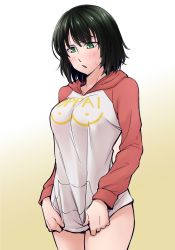 Rule 34 | 1girl, black hair, blush, borrowed clothes, breasts, clothes writing, cosplay, covering privates, covering crotch, fubuki (one-punch man), gordonator, green eyes, highres, hood, hoodie, large breasts, ogry ching, one-punch man, raglan sleeves, saitama (one-punch man), saitama (onepunch man) (cosplay), shirt tug, short hair, solo