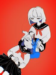 Rule 34 | 2girls, absurdres, barefoot, black sailor collar, black skirt, blood, blood on face, blue blood, blue eyes, blunt bangs, blunt ends, bob cut, chromatic aberration, closed mouth, colored skin, commentary, cutting, half-closed eyes, hands on own stomach, highres, holding, holding scissors, interlocked fingers, lap pillow, long sleeves, looking at another, looking up, multiple girls, neckerchief, no mouth, numata zombie, original, own hands together, pleated skirt, pool of blood, red background, red eyes, red neckerchief, sailor collar, school uniform, scissors, serafuku, shirt, short hair, simple background, sitting, skirt, symbol-only commentary, white hair, white shirt, white skin, yokozuwari