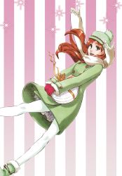 Rule 34 | 00s, 1girl, absurdres, bleach, brown eyes, coat, dress, gift, gloves, hat, highres, holding, holding gift, inoue orihime, kubo tite, long hair, official art, orange hair, pantyhose, scarf, smile, white pantyhose, winter clothes