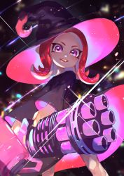 Rule 34 | 1girl, :d, black dress, black hat, dress, glint, hat, heavy splatling (splatoon), highres, holding, legs apart, long hair, long sleeves, looking at viewer, nintendo, octoling, octoling girl, octoling player character, open mouth, red hair, smile, solo, sparkle, splatoon (series), standing, tentacle hair, wizard hat, yamagishi chihiro