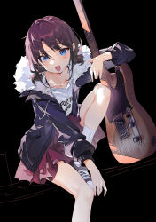 Rule 34 | 1girl, absurdres, black background, black footwear, black jacket, blush, chang zhao xiao quan, electric guitar, fur-trimmed jacket, fur trim, girls band cry, guitar, highres, holding, holding guitar, holding instrument, instrument, iseri nina, jacket, looking at viewer, open clothes, open jacket, open mouth, red hair, red skirt, shirt, short hair, simple background, sitting, skirt, smile, socks, solo, white shirt, white socks