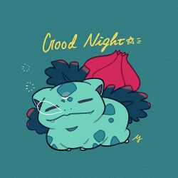 animal_focus blue_background claws closed_eyes closed_mouth commentary_request creatures_(company) fangs full_body game_freak gen_1_pokemon ivysaur nintendo no_humans nose_bubble nostrils pokemon pokemon_(creature) signature simple_background sleeping solo yasaikakiage