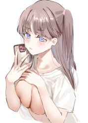 Rule 34 | 1girl, blush, breast press, breasts, brown hair, cellphone, chh r, cleavage, closed mouth, clothes lift, commentary, fujishima megumi, holding, holding phone, large breasts, link! like! love live!, long hair, looking at viewer, love live!, phone, purple eyes, shirt, shirt lift, short sleeves, simple background, smartphone, solo, two side up, virtual youtuber, white background, white shirt