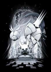 Rule 34 | armor, arthropod limbs, bench, cloak, extra arms, flying, fuifui, grey cloak, helmet, highres, holding, holding weapon, hollow eyes, hollow knight, horned mask, insect wings, kingsmould (hollow knight), knight (hollow knight), mask, no humans, on bench, shoulder armor, sitting, standing, thorns, weapon, white armor, wingmould (hollow knight), wings