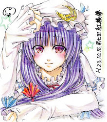 Rule 34 | 1girl, bad id, bad pixiv id, blush, brooch, colored pencil (medium), crescent, crescent moon, female focus, jewelry, light smile, long hair, looking at viewer, moon, multicolored eyes, nora wanko, patchouli knowledge, purple eyes, purple hair, shikishi, sleeves past wrists, smile, solo, touhou, traditional media, translation request
