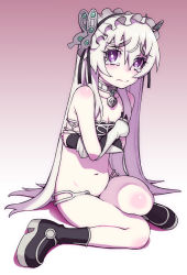 Rule 34 | 10s, 1girl, blush, boots, bra, breasts, butterfly hair ornament, chaika trabant, choker, covering privates, covering breasts, embarrassed, eyebrows, hair ornament, hairband, hijiri rei, hitsugi no chaika, lingerie, lolita hairband, long hair, looking at viewer, navel, pale skin, panties, purple eyes, silver hair, sitting, small breasts, solo, tears, underwear, underwear only, very long hair, wariza