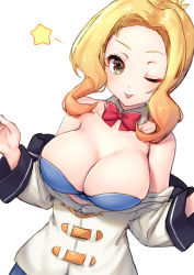 Rule 34 | 1girl, absurdres, bare shoulders, blonde hair, blue bra, bow, bowtie, bra, breasts, cleavage, detached collar, forehead, has bad revision, has downscaled revision, highres, kono subarashii sekai ni shukufuku wo!, large breasts, long hair, long sleeves, looking at viewer, luna (konosuba), md5 mismatch, off-shoulder shirt, off shoulder, one eye closed, pensuke, red bow, red bowtie, resolution mismatch, shirt, simple background, smile, solo, source smaller, star (symbol), tongue, tongue out, underwear, upper body, white background, white shirt, yellow eyes