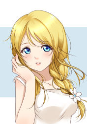 Rule 34 | 10s, 1girl, absurdres, ayase eli, blonde hair, blue eyes, braid, clouble, flower, highres, long hair, looking at viewer, love live!, love live! school idol project, shirt, single braid, smile, solo, white flower, white shirt