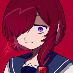 Rule 34 | 1girl, blue sailor collar, character request, commentary request, copyright request, dice hair ornament, hair ornament, hair over one eye, kisaragi yuu (fallen sky), looking at viewer, parted lips, portrait, purple eyes, red background, sailor collar, shadow, short hair with long locks, signature, simple background, smile, solo