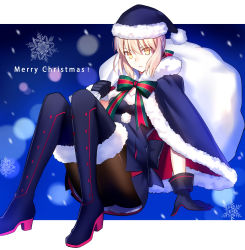 Rule 34 | 1girl, absurdres, aqua eyes, artoria pendragon (all), artoria pendragon (fate), black gloves, black pantyhose, blonde hair, blue dress, blue footwear, blue hair, boots, breasts, christmas, dress, fate/grand order, fate/stay night, fate (series), fur-trimmed boots, fur trim, fuyuki (neigedhiver), gift bag, gloves, hat, highres, long hair, looking at viewer, merry christmas, pantyhose, red hat, ribbon, saber (fate), saber alter, santa alter, santa costume, santa hat, short hair, small breasts, smile, snowflakes, solo, striped ribbon, thigh boots, thighhighs, upper body, yellow eyes