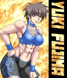 Rule 34 | 1girl, bike shorts, character name, fujima yuki, midriff, muscular, original, short hair, solo, taroimo (00120014)