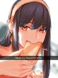 Rule 34 | 1girl, artist name, black hair, blurry, blurry background, bread, bread slice, commentary, earrings, eating, english commentary, english text, food, food in mouth, gold earrings, hair behind ear, hair between eyes, hairband, highres, holding, holding food, jewelry, long hair, looking at viewer, mouth hold, red eyes, red sweater, sidelocks, solo, spy x family, sweater, toast, toast in mouth, upper body, white hairband, yashiiit 0112, yor briar