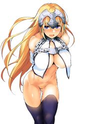 Rule 34 | blonde hair, blonde pubic hair, blue eyes, blue thighhighs, bottomless, breasts, chain, cleavage, cowboy shot, fate/apocrypha, fate (series), female pubic hair, highres, jeanne d&#039;arc (fate), jeanne d&#039;arc (ruler) (fate), jeanne d&#039;arc (third ascension) (fate), long hair, looking at viewer, mikawaya, pubic hair, pussy juice, solo, standing, thighhighs, thighs, white background