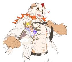 Rule 34 | 1boy, abs, arknights, bara, belt, black belt, black necktie, bouquet, colored tips, commentary, english commentary, fangs, flower, furry, heart, holding, holding bouquet, horns, hung (arknights), komainu boy, komainu ears, looking at viewer, male focus, multicolored hair, muscular, muscular male, navel, necktie, nipples, open mouth, pants, pectorals, run (arun six), shirt, single horn, smile, undone necktie, weibo logo, weibo watermark, white background, white pants, white shirt, yellow eyes