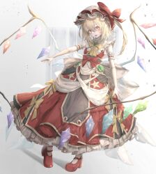Rule 34 | 1girl, absurdres, adapted costume, ascot, blonde hair, blush, bridal gauntlets, crystal, dress, fingernails, flandre scarlet, frilled dress, frills, full body, hair between eyes, hat, highres, long hair, mob cap, nail polish, open mouth, red dress, red eyes, red footwear, red nails, shoes, solo, touhou, tqg 07, white hat, wings, yellow ascot