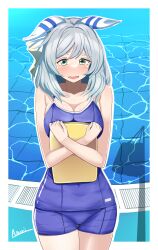 Rule 34 | 1girl, :o, a.nori, absurdres, animal ears, artist name, blue one-piece swimsuit, border, bow, breasts, cleavage, clothing cutout, commentary request, competition school swimsuit, cowboy shot, crossed arms, ear covers, ear ornament, ear ribbon, from side, gradient ribbon, grey eyes, grey hair, highres, hishi miracle (umamusume), holding, holding kickboard, horse ears, horse girl, horse tail, hugging object, kickboard, looking at viewer, medium breasts, medium hair, nervous, o-ring, official alternate costume, one-piece swimsuit, parted bangs, parted lips, pool, poolside, raised eyebrows, ribbon, school swimsuit, simple background, single vertical stripe, solo, standing, sweatdrop, swept bangs, swimsuit, tail, tail through clothes, thighs, tracen swimsuit, umamusume, white background, white border, white ribbon, yellow ribbon
