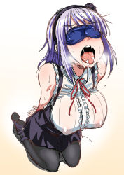 Rule 34 | 10s, 1girl, arms behind back, bare arms, bare shoulders, bdsm, black flower, black pantyhose, black rose, blindfold, blush, bondage, bound, bound wrists, breasts, covered erect nipples, dagashi kashi, drooling, flower, from above, full body, hair flower, hair ornament, hair ribbon, hairband, heavy breathing, high-waist skirt, highres, kneeling, large breasts, neck ribbon, nekoi hikaru, nose blush, open mouth, pantyhose, purple hair, red ribbon, ribbon, rose, saliva, sexually suggestive, shidare hotaru, short hair, skirt, solo, suspender skirt, suspenders, sweat, tongue, tongue out, wet, wet clothes