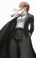Rule 34 | 1girl, absurdres, black coat, black necktie, black pants, black suit, braid, breasts, chainsaw man, coat, commentary, faceless, faceless female, formal, from below, hands in pockets, highres, makima (chainsaw man), medium breasts, necktie, pants, red hair, shirt, sidelocks, single braid, solo, suit, uqi32, white shirt