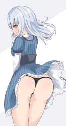 Rule 34 | 1girl, absurdres, aqua eyes, artist request, ass, bang dream!, blush, breasts, clothes lift, dress, dress lift, embarrassed, from behind, highres, kurata mashiro, long hair, looking at viewer, open mouth, shiny skin, sideboob, silver hair, skirt, skirt lift, smile, solo, thong, wind, wind lift