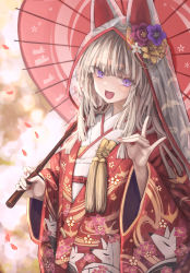 Rule 34 | 1girl, :d, animal hood, blurry, blurry background, commentary request, copyright request, falling petals, fang, floral print, fox hood, fox print, fox shadow puppet, hand up, highres, holding, holding umbrella, hood, japanese clothes, kimono, looking at viewer, nail polish, oil-paper umbrella, open mouth, osobachan, petals, purple eyes, red nails, smile, solo, standing, thick eyebrows, umbrella, upper body