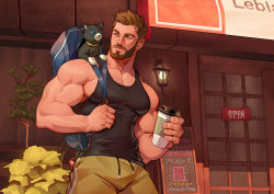 Rule 34 | 1boy, absolum art, animal, avengers (series), bag, bara, beard, black cat, black tank top, brown hair, brown shorts, cat, closed mouth, commission, cup, disposable cup, facial hair, holding, holding bag, holding cup, large pectorals, male focus, marvel, muscular, muscular male, original, outdoors, pectorals, short hair, shorts, tank top, thor (marvel)
