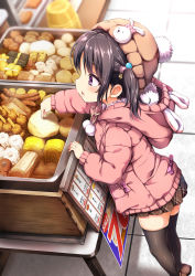 Rule 34 | 1girl, black hair, black thighhighs, blurry, brown footwear, chikuwa, coat, commentary request, convenience store, cup, daikon, depth of field, disposable cup, duffel coat, food, from above, hair bobbles, hair ornament, hat ornament, heart, heart hair ornament, highres, hood, hood down, hooded coat, indoors, itakurakou1993, knit hat, leaning on object, looking to the side, oden, omelet, open mouth, original, pink coat, plaid, plaid skirt, pointing, purple eyes, rabbit hair ornament, radish, sausage, shop, sideways mouth, sign, skirt, solo, standing, star (symbol), star hair ornament, tamagoyaki, thighhighs, tile floor, tiles, tiptoes, two side up, winter clothes, winter coat, zettai ryouiki