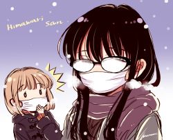 Rule 34 | 2girls, ^^^, artist name, black-framed eyewear, black hair, breath, brown coat, brown scarf, character name, coat, commentary request, copyright name, duffel coat, facing viewer, fogged glasses, glasses, gradient background, grey coat, hair between eyes, hand to own mouth, hand up, himawari-san, himawari-san (character), hood, hood down, hooded coat, kazamatsuri matsuri, light brown hair, long hair, looking at another, mask, mouth mask, multiple girls, outdoors, purple background, scarf, short hair, snowing, sugano manami, surgical mask, upper body, winter clothes